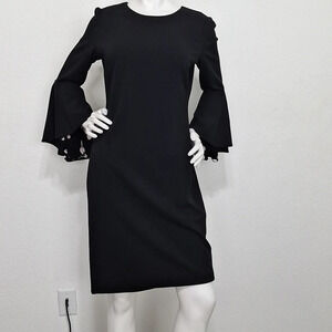Liz Claiborne Black White Witchy Romantic Goth Large Bell Sleeve Sheath Dress *6